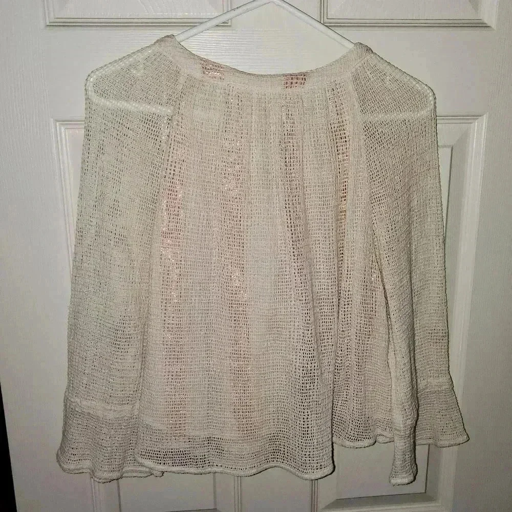 Zara Trafaluc Tassel Tie Neck Boho Peasant Small Bell Sleeve Mesh Top Blouse XS